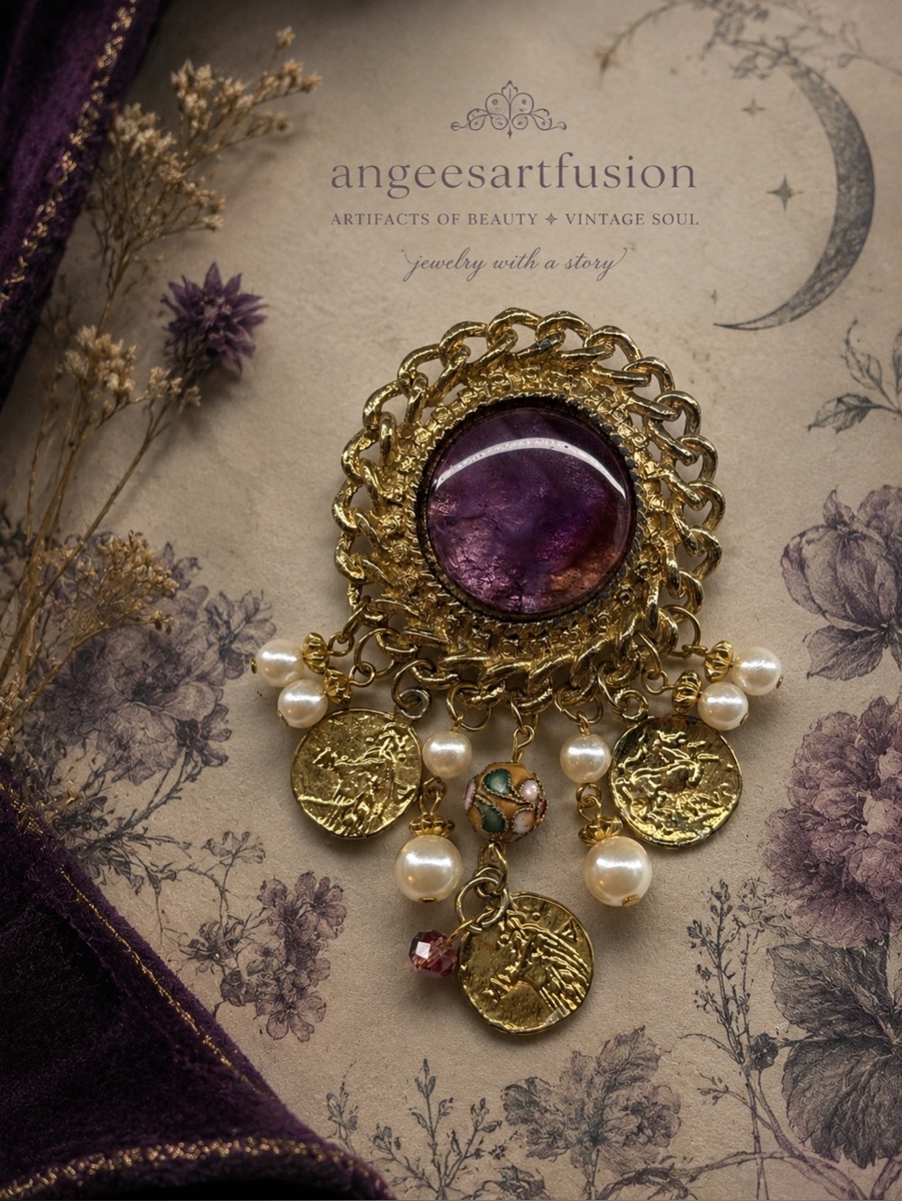 Amethyst Assemblage Brooch — Byzantine Coin Charm Statement Pin